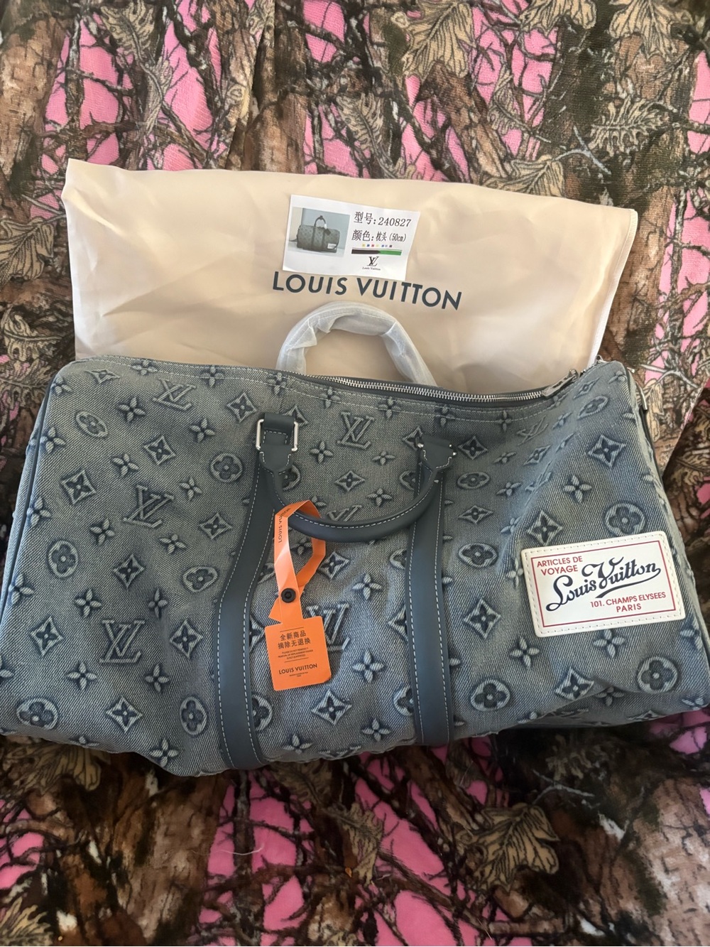 Louis Vuitton Blue Gray Monogram Denim Duffel with Orange Tag
